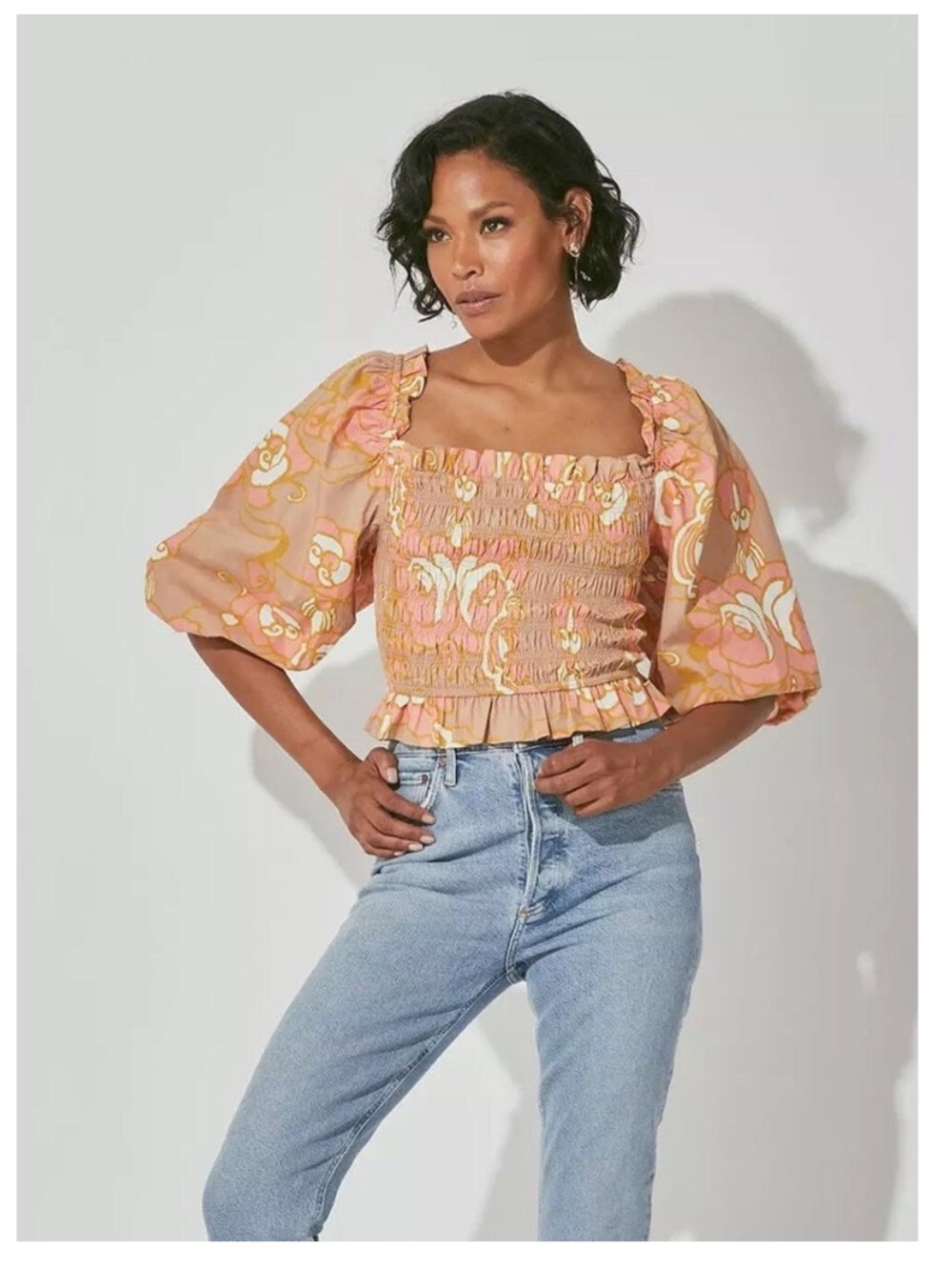 Cleobella Smocked Square-Neck Puff Sleeve Top - Peach Floral